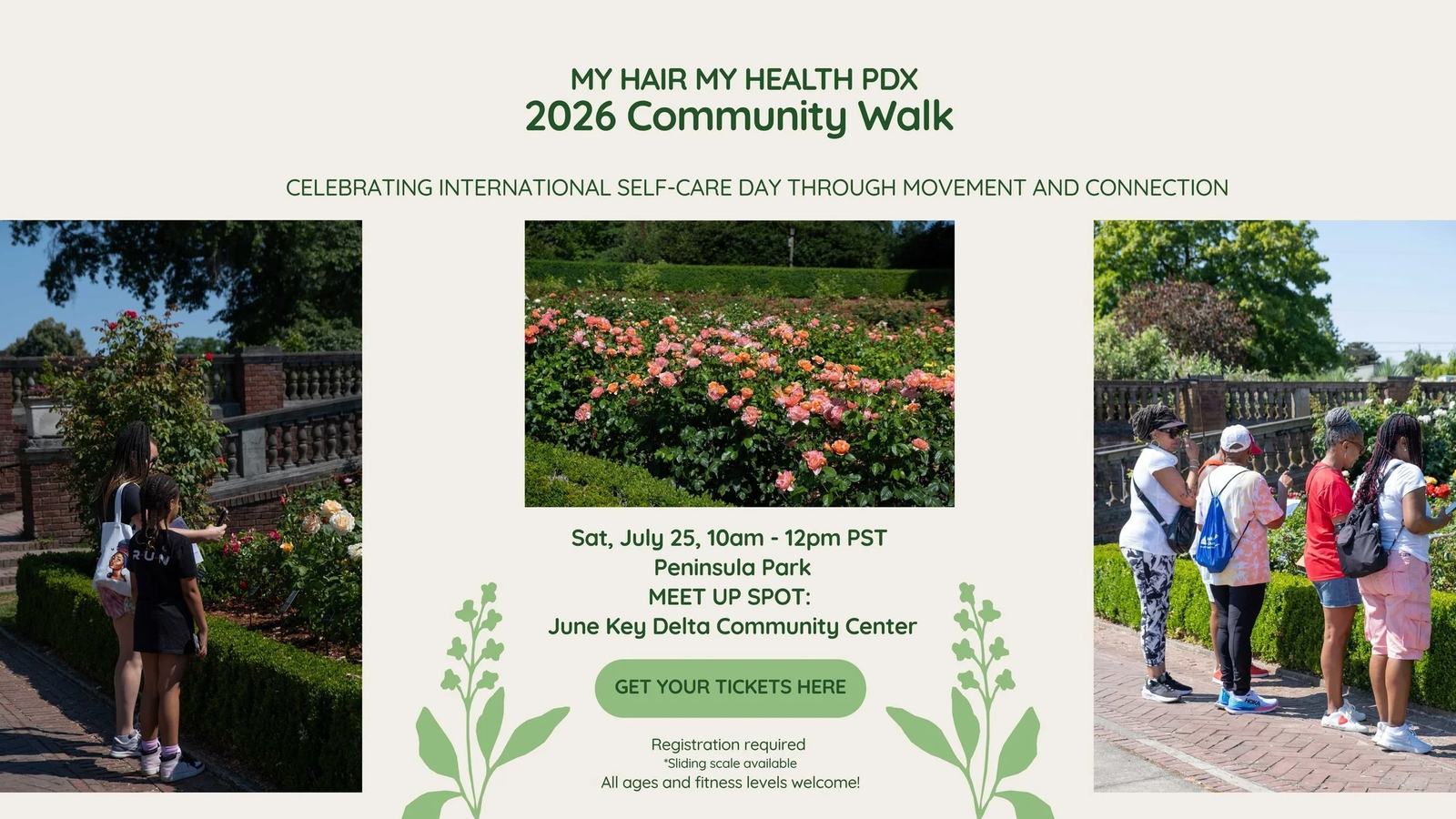 MY HAIR MY HEALTH PDX 2026 Community Walk CELEBRATING INTERNATIONAL SELF-CARE DAY THROUGH MOVEMENT AND CONNECTION. Sat, July 25, 10am - 12pm PST Peninsula Park MEET UP SPOT: June Key Delta Community Center