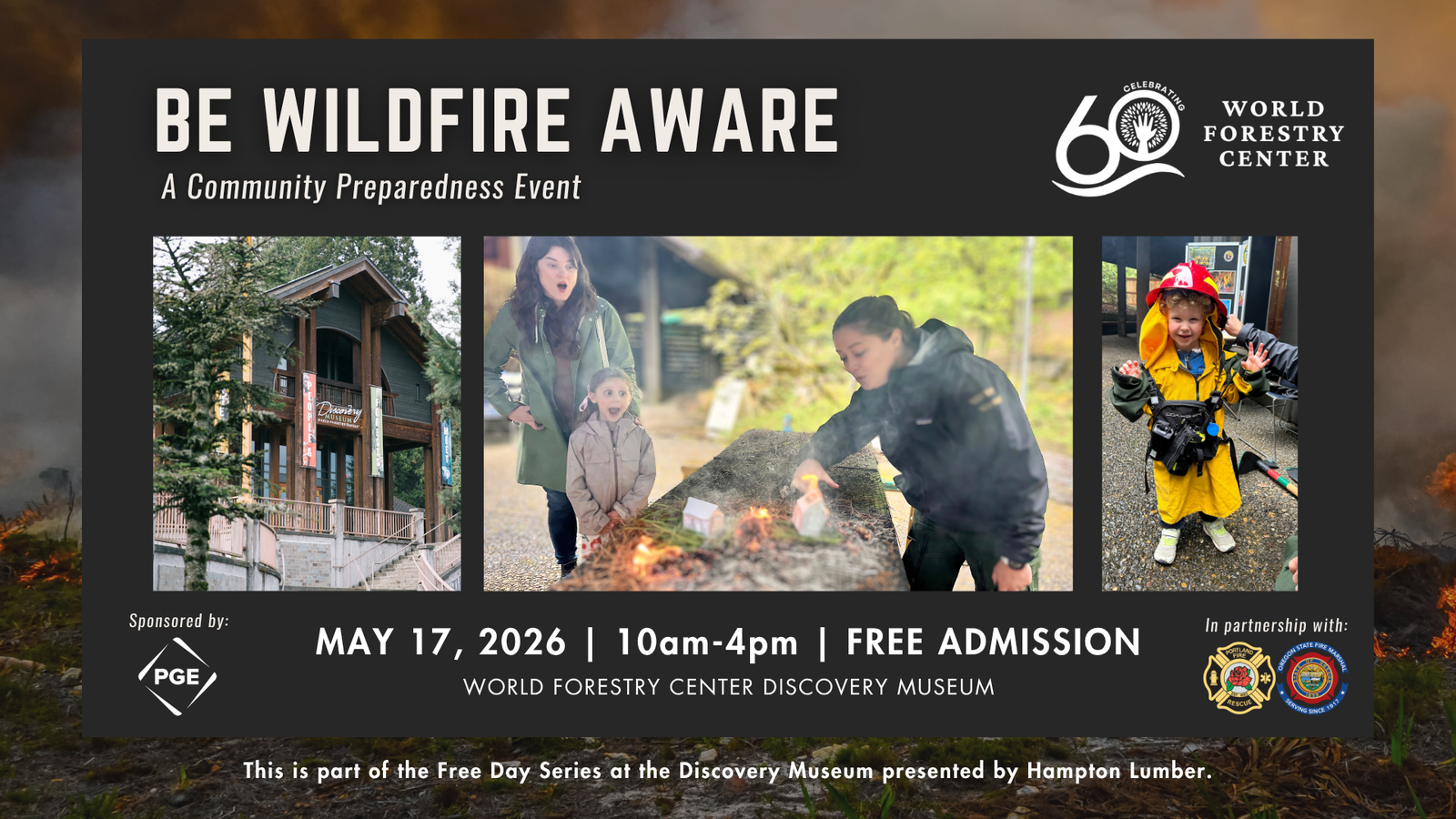 Flyer for the Be Wildfire Aware event at the World Forestry Center, May 17, 2026