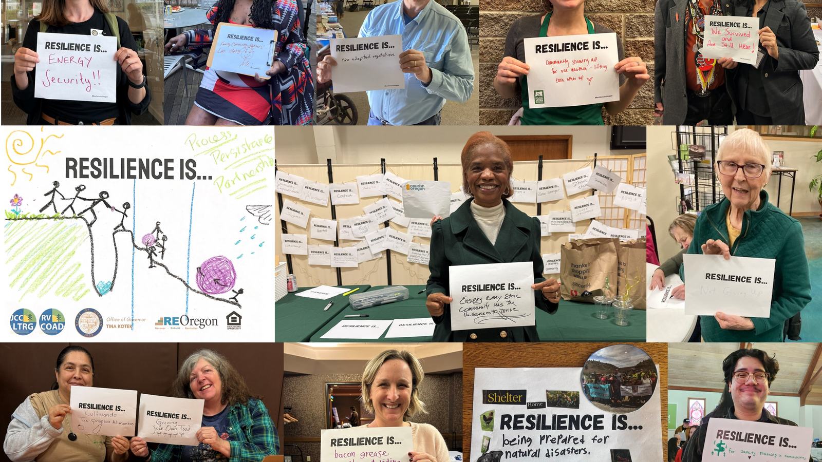 Montage of several people holding up signs reading “Resilience is…” filled in with their answers, such as ”…a refuge for the people” and “not giving up”