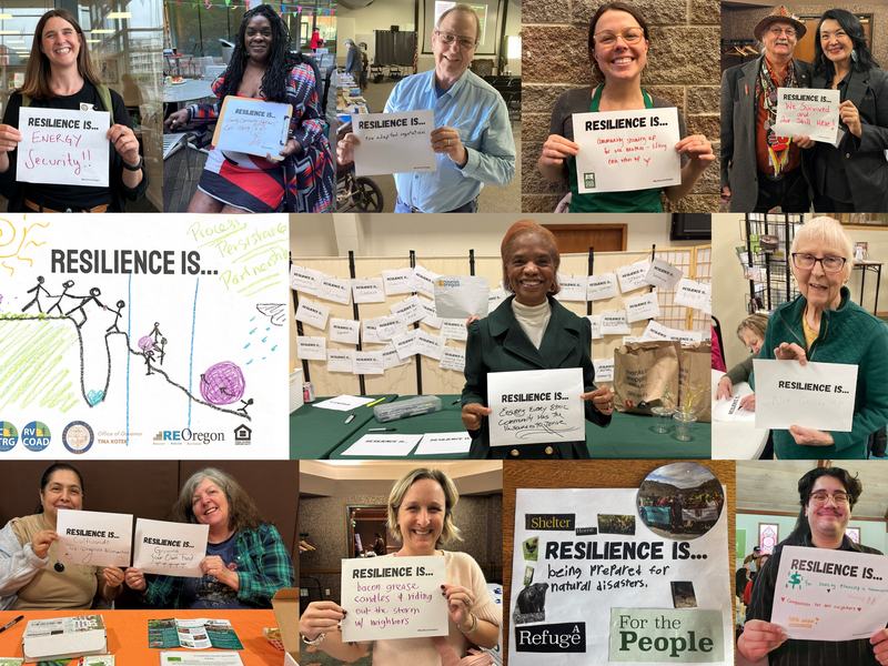 Montage of several people holding up signs reading “Resilience is…” filled in with their answers, such as ”…a refuge for the people” and “not giving up”