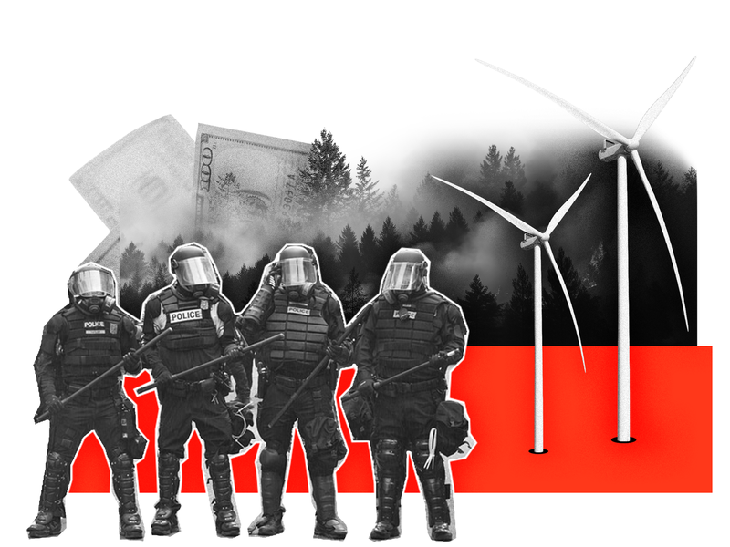 collage of riot police superimposed over money, a burning forest, and wind turbines
