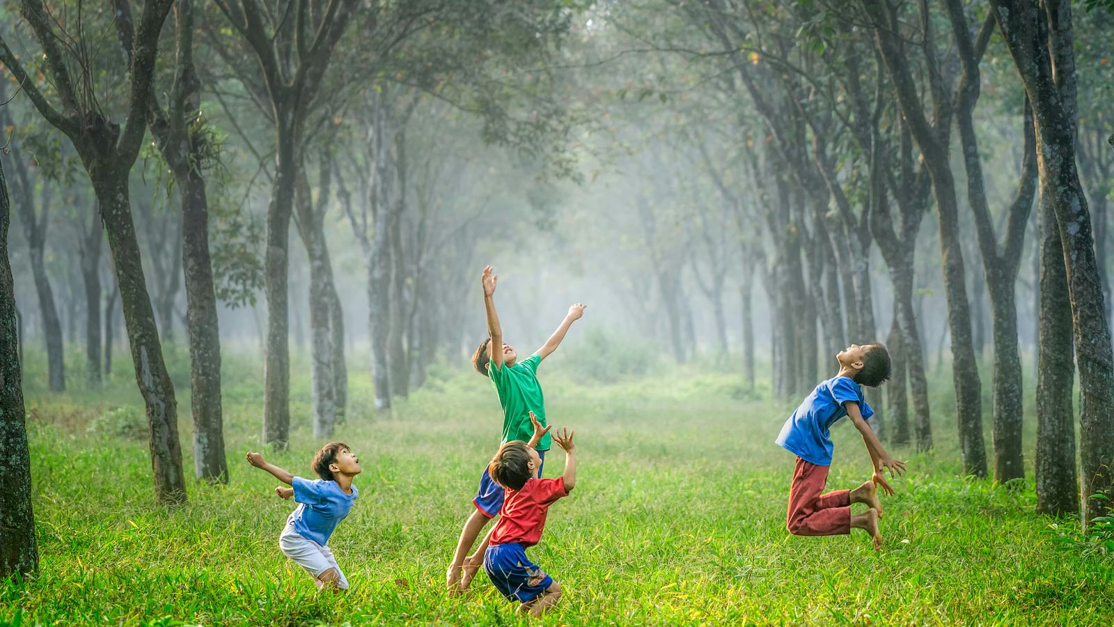 Kids playing with a ball outdoors, under trees
