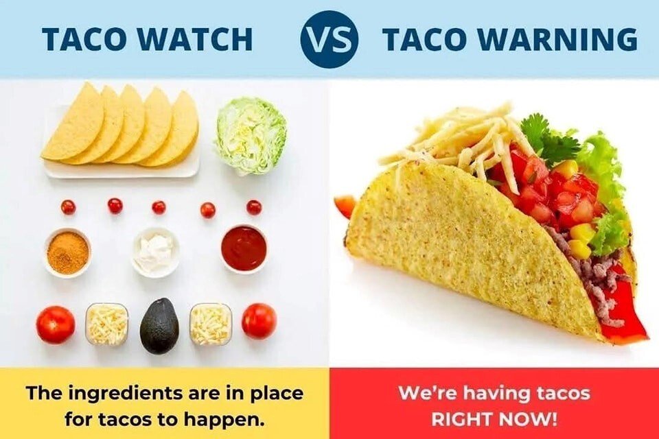 Taco watch: ingredients are in place for tacos to happen (picture of ingredients arrayed on a blank surface). Taco warning: We’re having tacos RIGHT NOW (picture of finished taco)