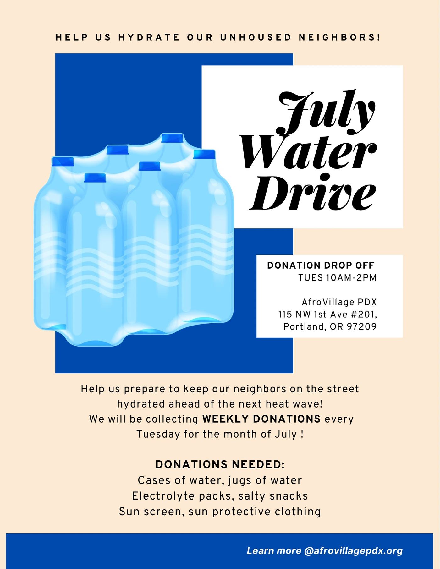 AfroPDX: July Water Drive. Every Tuesday in July. Donation Dropoff 10am-2pm, Afrovillage PDX 115 NW 1st Ave #201